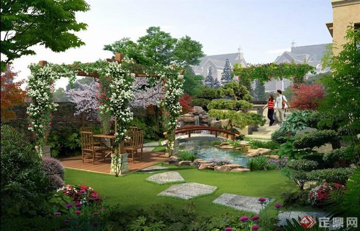 园林景观之新中式庭院花园小桥流水景观效果图(psd格式),该效果图设计
